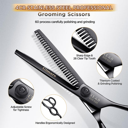 4CR Stainless Steel Safety round Tip 6 in 1 Professional Dog Grooming Scissors Kit, Heavy Duty Titanium Coated Straight & Thinning & Curved Shears & Comb Set for Dog & Cat Grooming